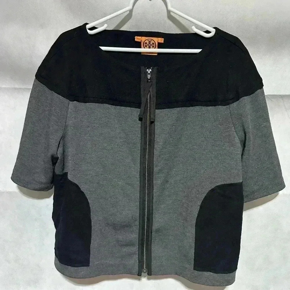 TORY BURCH Women’s Large Black Gray ColorBlock Polyester Wool Zip Jacket Pockets